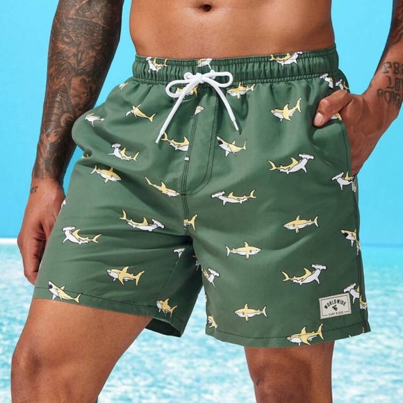 Swimmode Men Shark Print Letter Patched Detail Drawstring Waist Swim Trunks - Picture 2 of 4